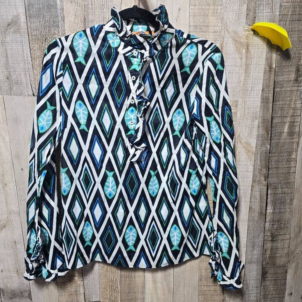 Tory Burch Geometric Print Fish Multicolor Ruffle Blouse